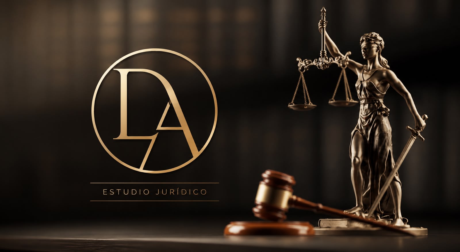 Estatua de la balanza de la justicia junto al logo del estudio